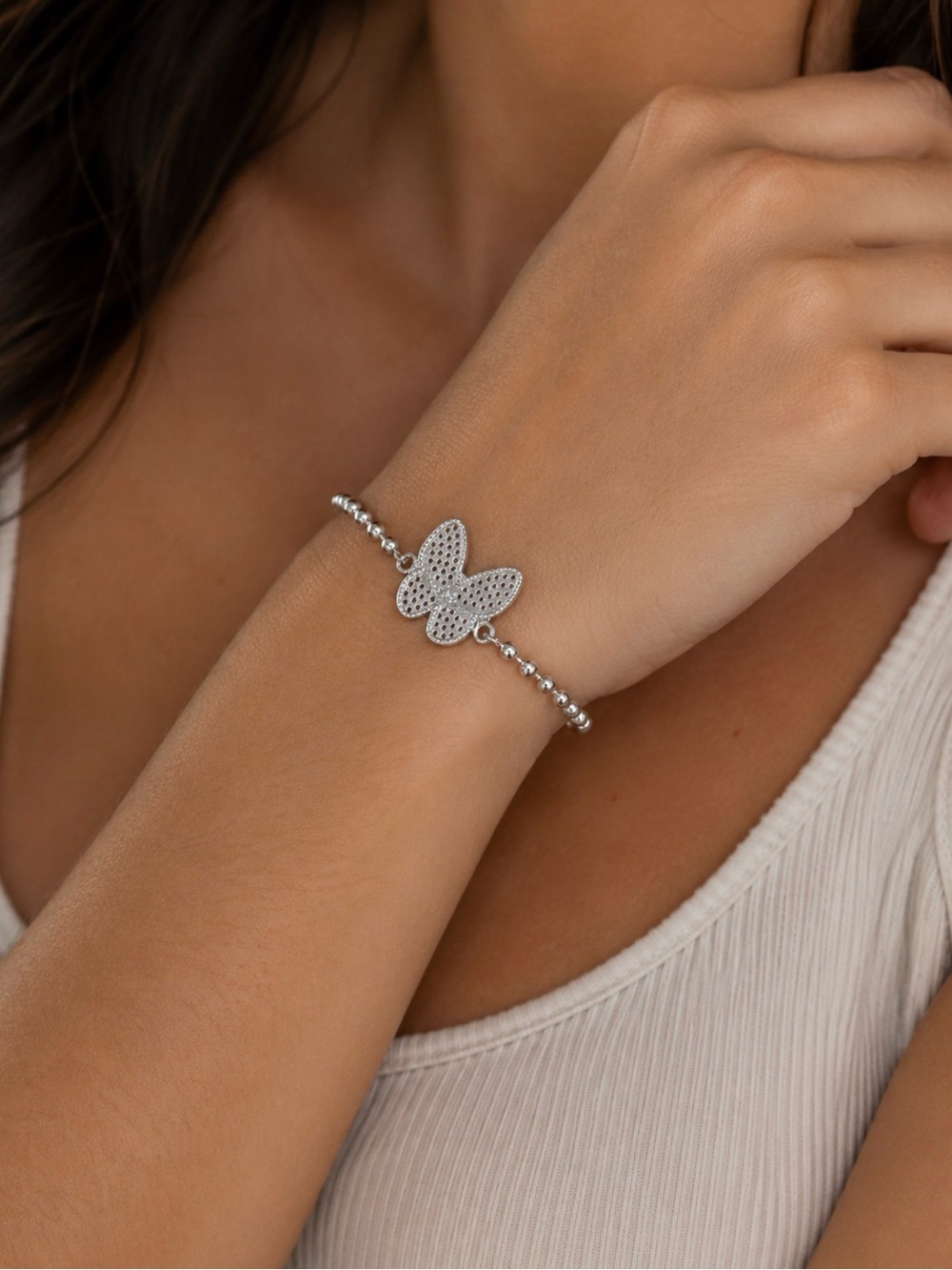 NEW!! 14k White Gold over Brass Butterfly Bead Bracelet with pavé stones - 7”